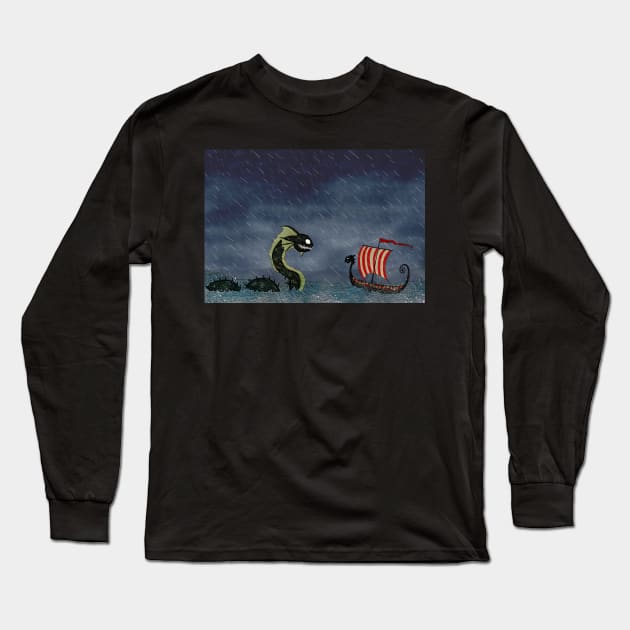 Vikings & Sea Serpent Long Sleeve T-Shirt by djrbennett